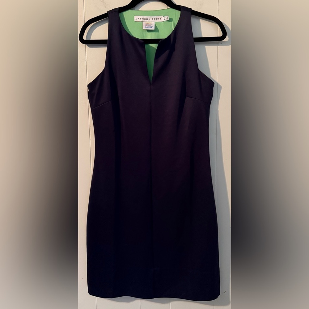 Gretchen Scott Split V Navy Sleeveless Jersey Mini Dress, Size XS